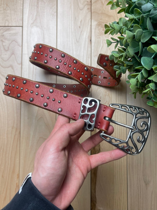 Tornado Mart Studded Silver Buckle Red Leather Belt