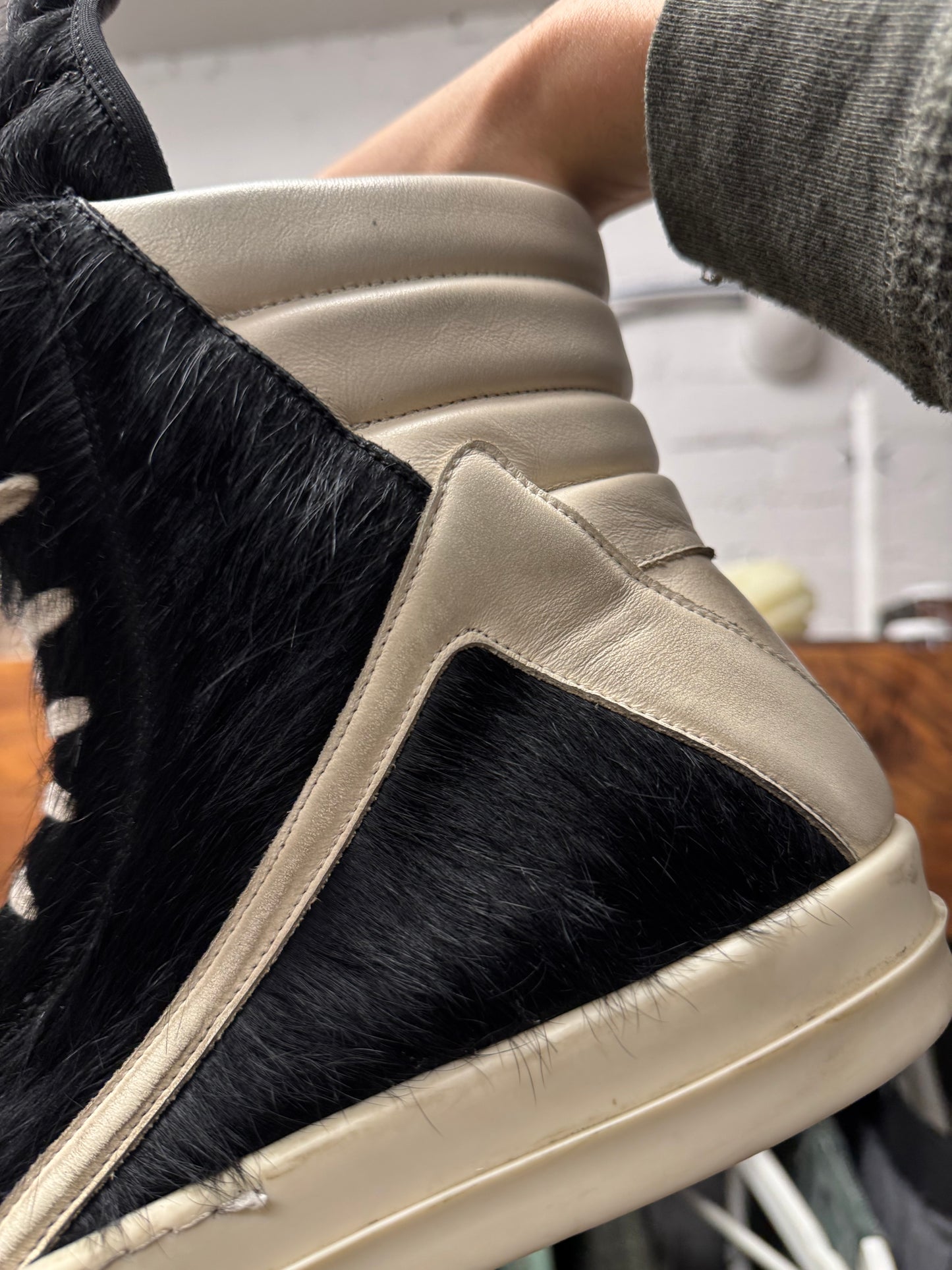 Rick Owens ‘Pony Hair’ Black/Milk ‘Geobasket’ High Top Sneakers