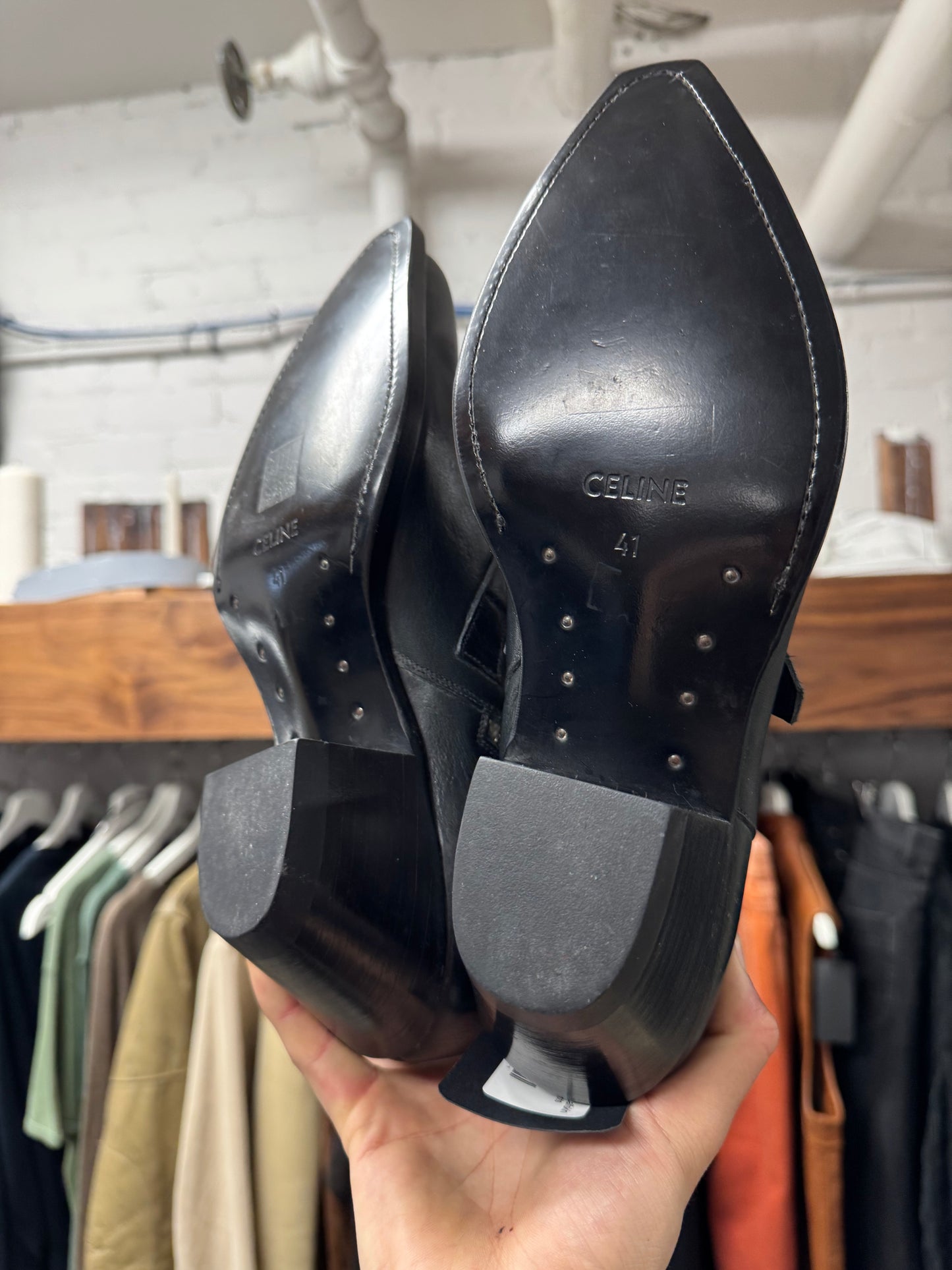 Celine ‘Berlin’ Strap Closure Cuban Heel Calfskin Leather Boots