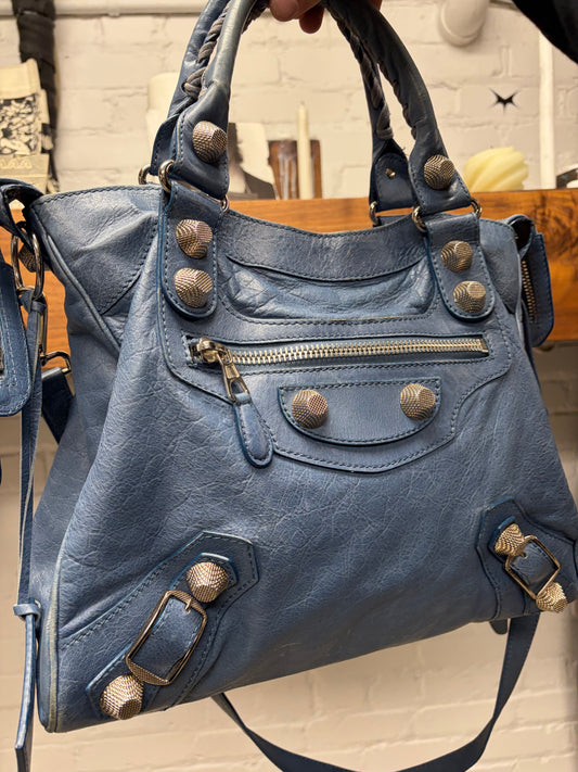 Balenciaga ‘Giant’ Blue Lambskin ‘City Bag’ with Silver Hardware