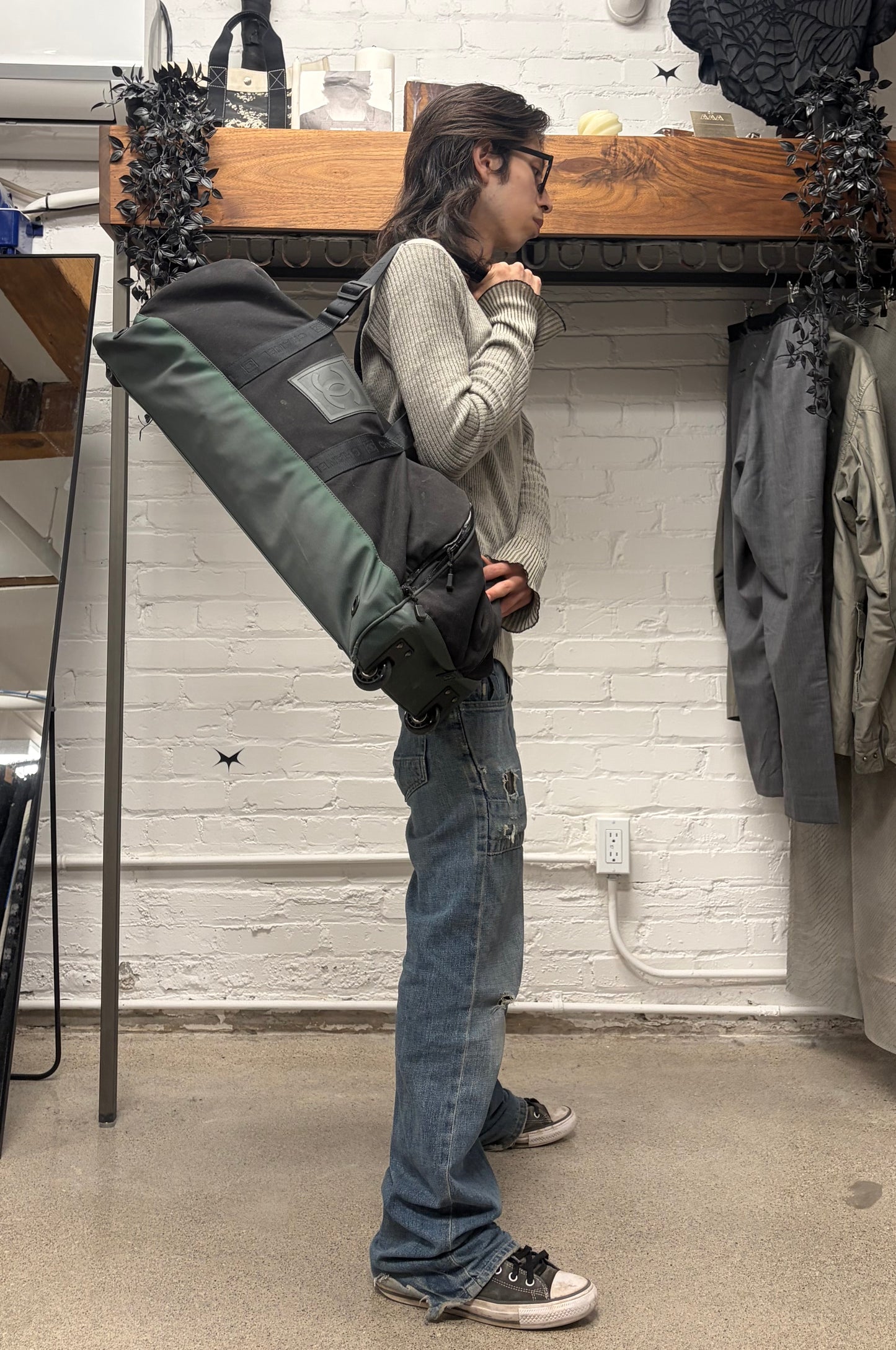 Vintage Chanel Black/Green Canvas Massive Roller Travel Bag