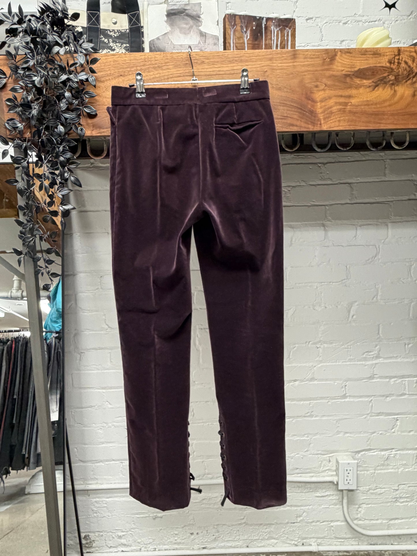 Yves Saint Laurent Rive Gauche Oxblood Red Lace Up Velour Trousers