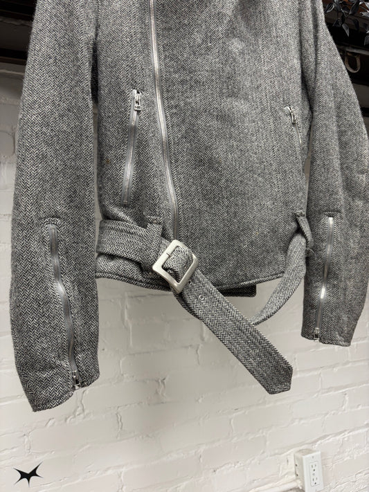 2000s Helmut Lang ‘Herringbone’ Wool Biker Coat with Belted Closure