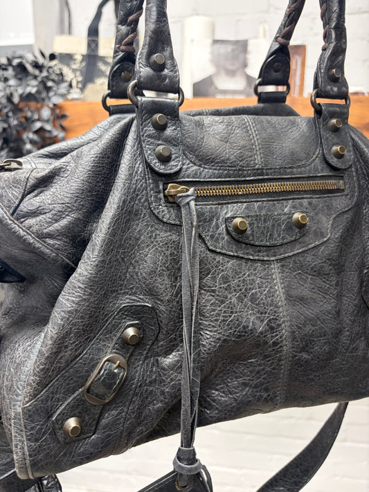 Balenciaga Classic Aged Black/Silver Hardware ‘City Bag’ with Crossbody Strap