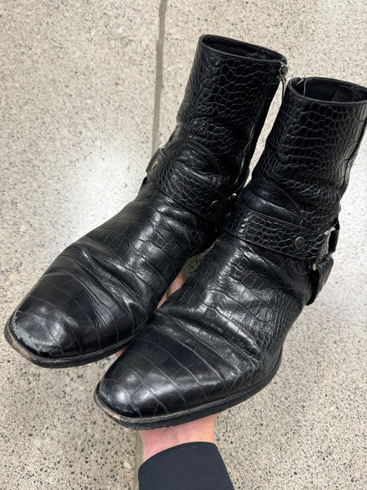 Saint Laurent Croc Print Black Leather Wyatt Harness Boots