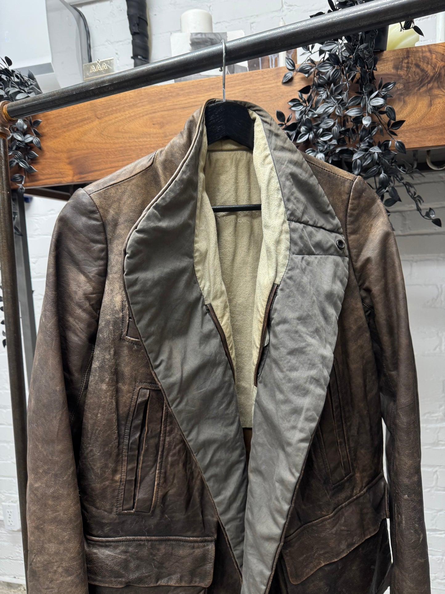 2000s Rick Owens O&M Era High Neck Collared ‘Dust’ Leather Jacket.