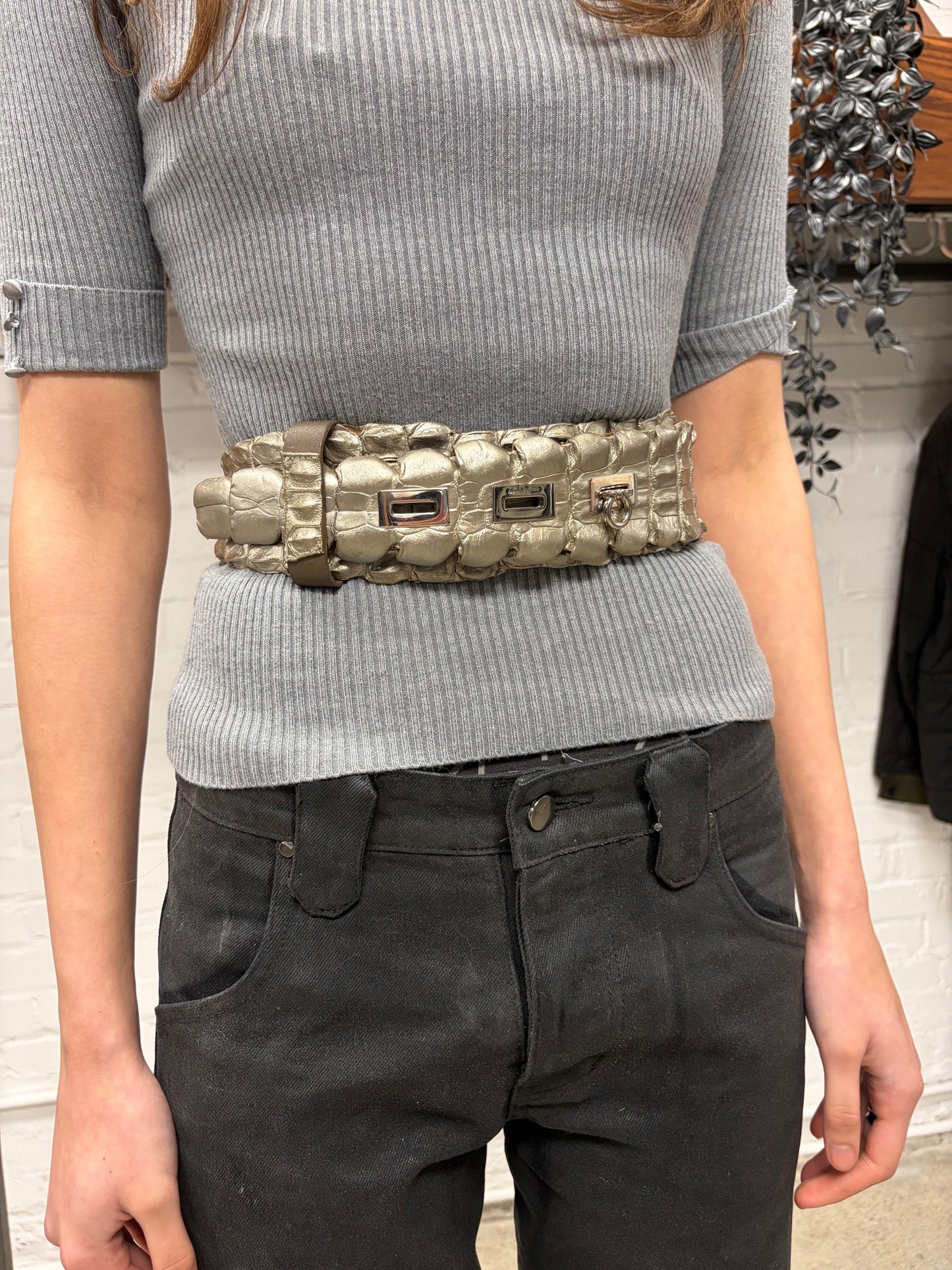 Ferragamo Genuine Crocodile Leather Silver Coated Belt