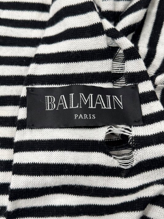 Balmain ‘Thrash Distressed’ Black/White Striped ‘Raw Hem’ Long Sleeve