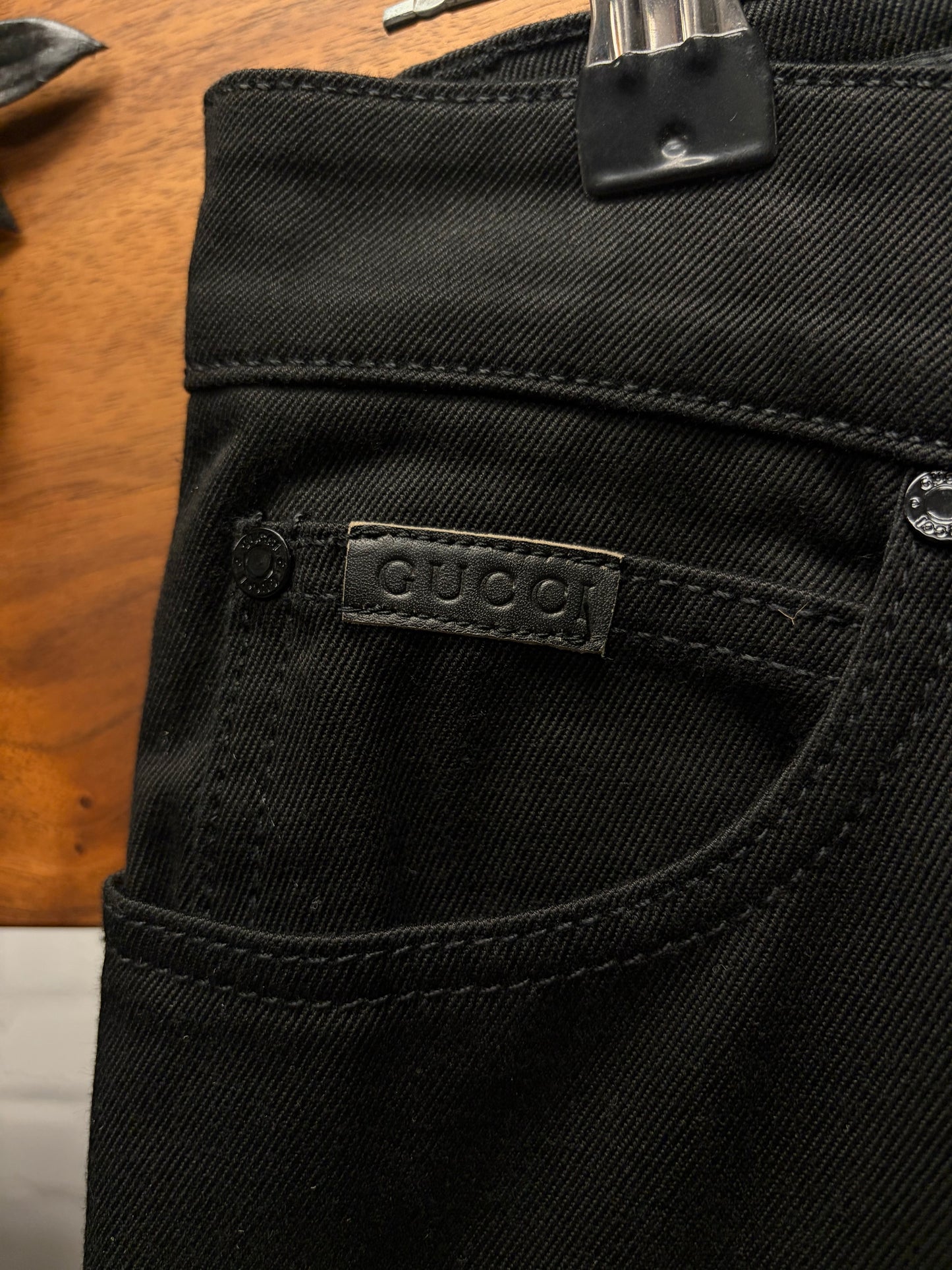 2009 Gucci ‘Chihuahua’ Embroidered ‘Pocket Caricature’ Skinny Black Flared Denim