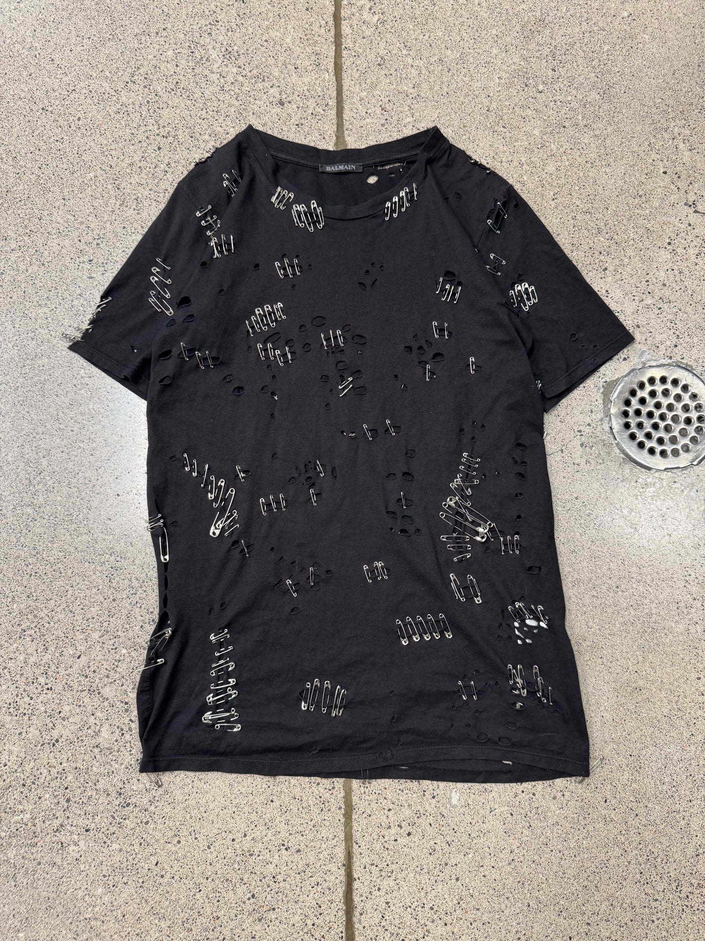 SS2011 Balmain by Christophe Decarnin ‘Safety Pin’ Distressed Black T-Shirt