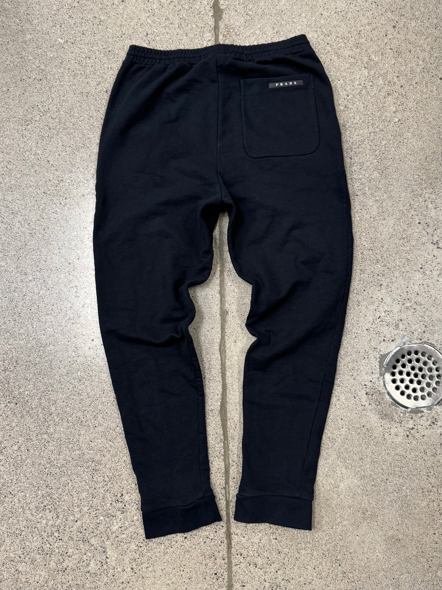 Prada Mainline Stripe Logo Black Cotton Sweatpants