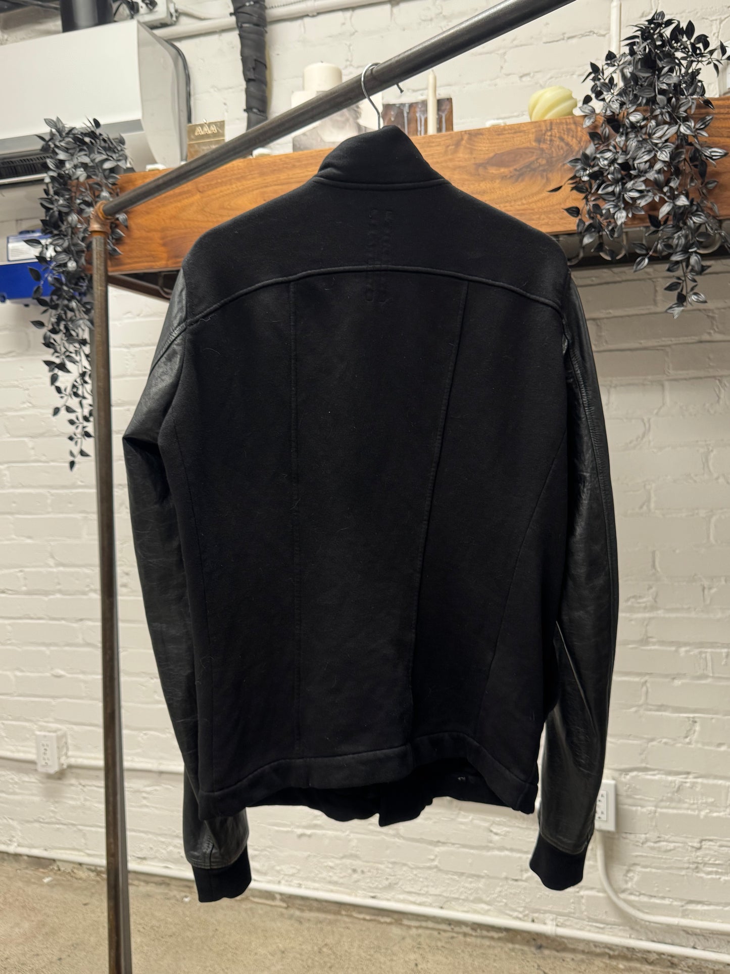 Rick Owens Leather/Cotton ‘Mollino Zip’ Black High Neck Sweater