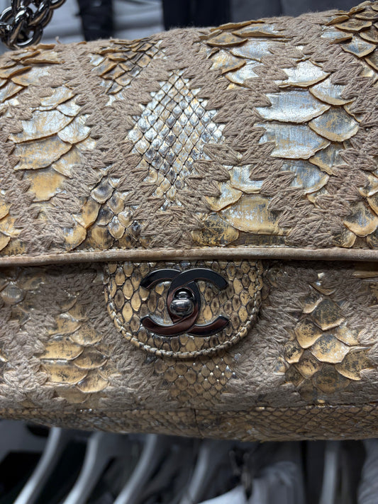 Chanel Genuine Python Leather Gold Crochet Classic Flap Topstitch Shoulder Bag