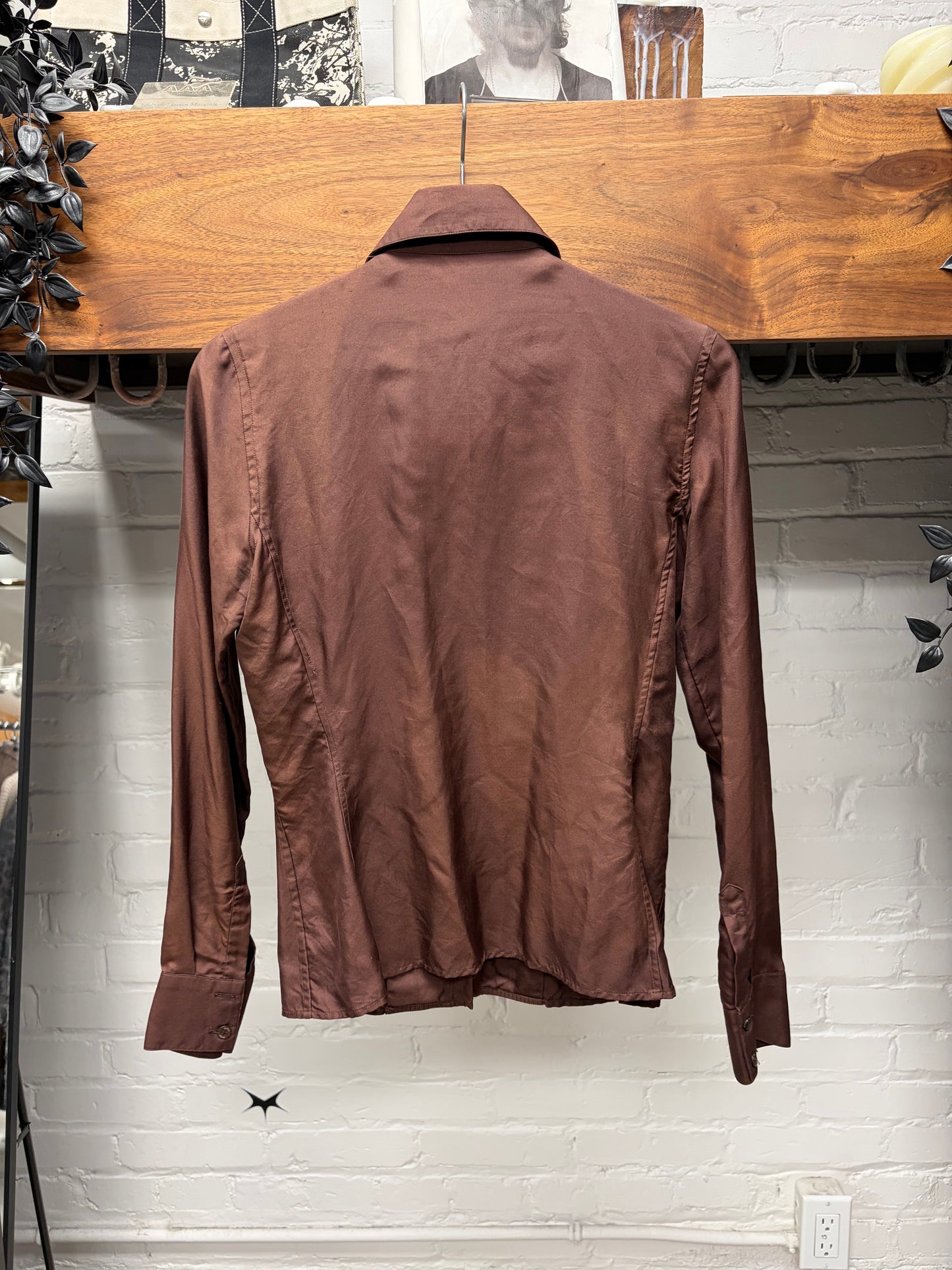 Vintage Gucci Ruffled Detail Brown Button Up Top