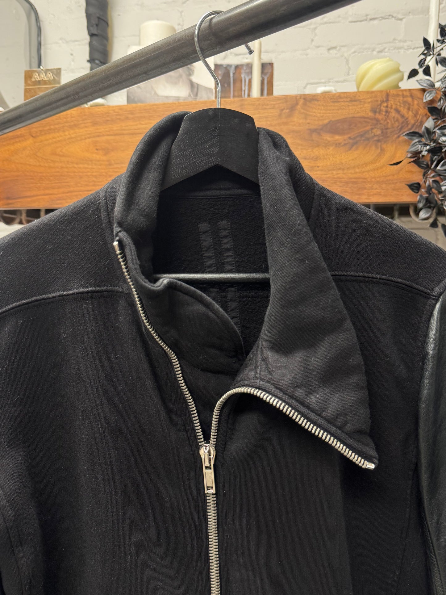 Rick Owens Leather/Cotton ‘Mollino Zip’ Black High Neck Sweater