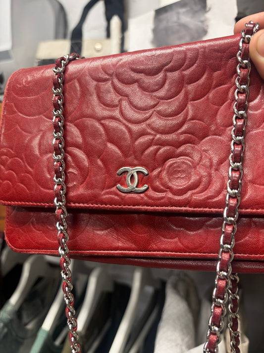 Chanel ‘Camellia’ Red Floral Embossed Leather Wallet on Chain Bag