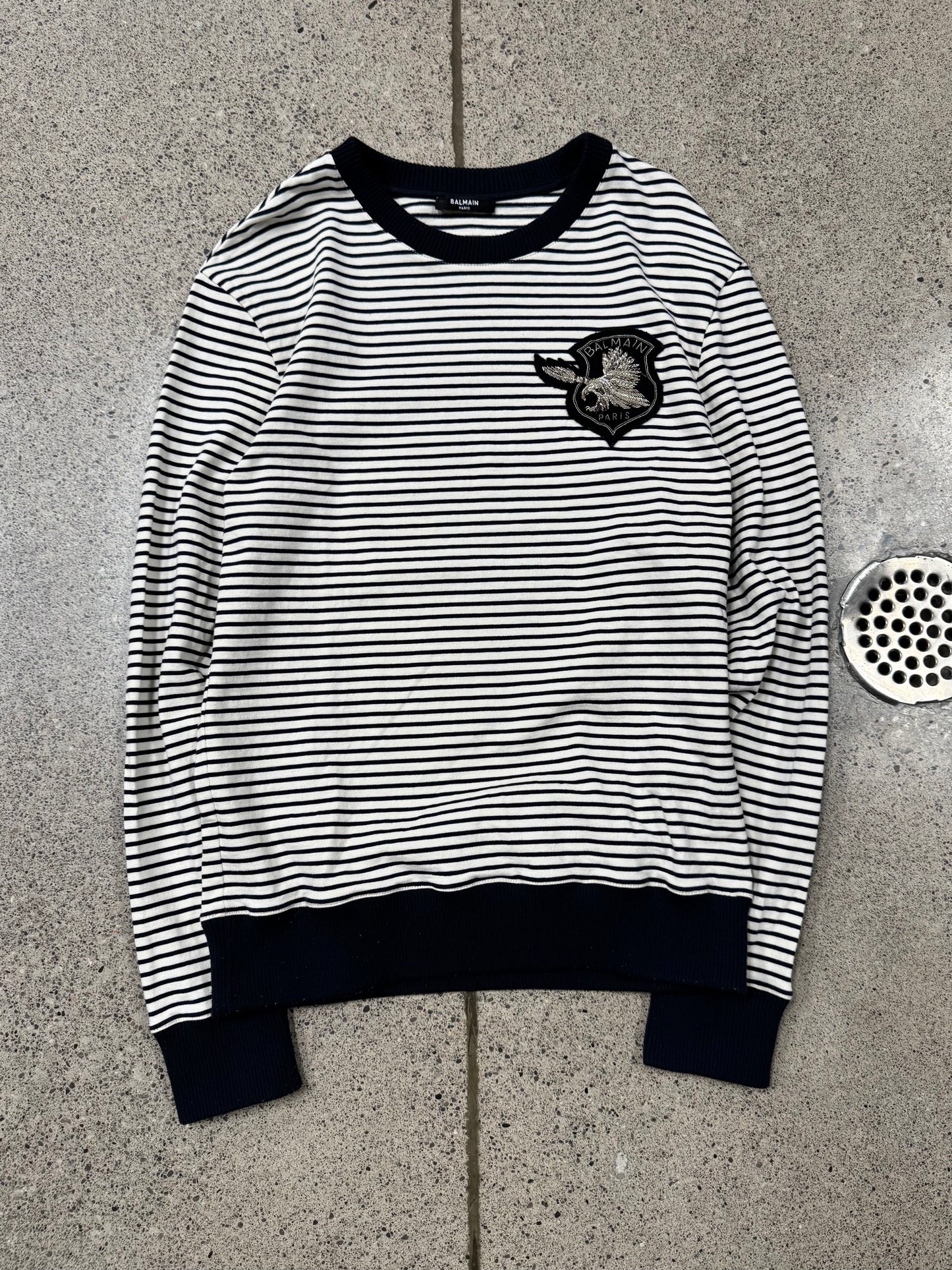 Balmain ‘Eagle’ Crest Patch Striped Black/White Knit Sweater