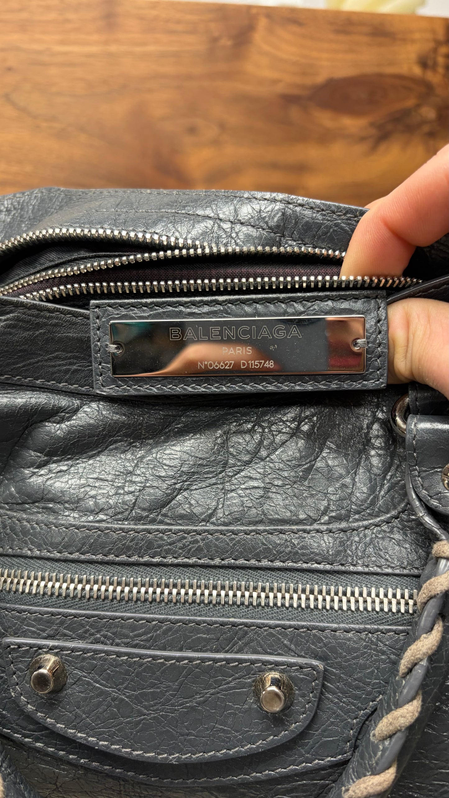 Balenciaga Grey Lambskin Leather ‘City Bag’ with Silver Hardware & Crossbody Strap