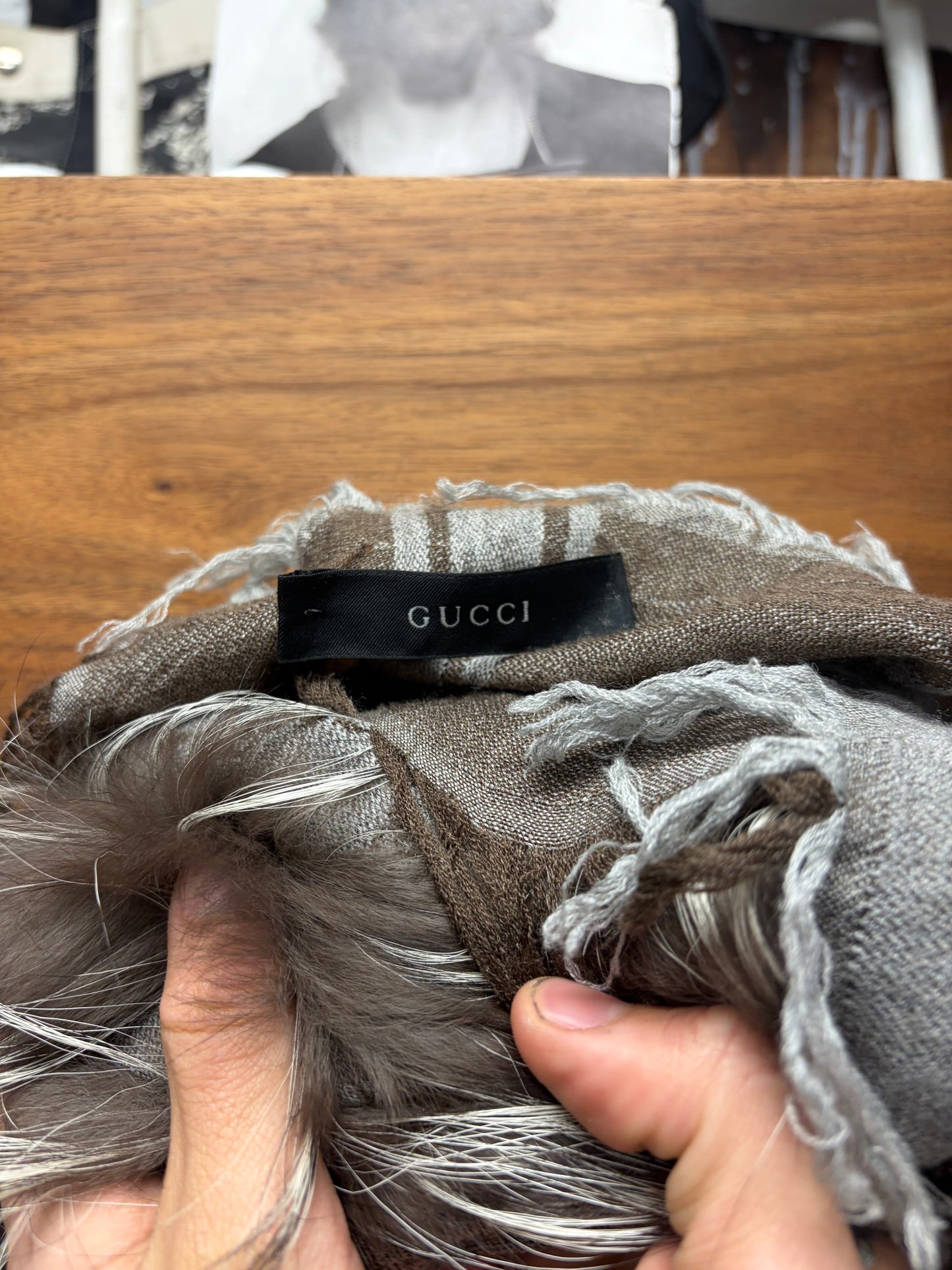 2000s Gucci Genuine Fox Fur Trim GG Monogram Scarf