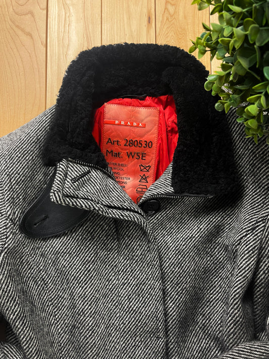 Vintage 2000’s Prada Sport Wool ‘Neck Guard’ Herringbone Grey Coat.