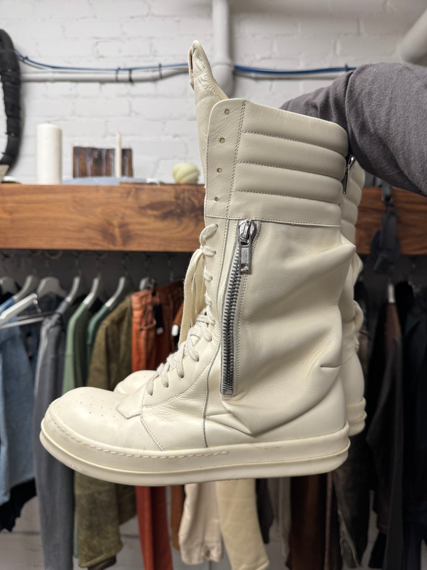 Rick Owens ‘Cargobasket’ Milk/White Leather High Top Sneakers