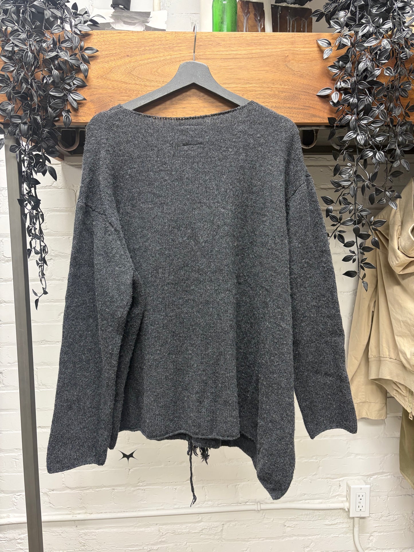 Yohji Yamamoto Grey Wool ‘B’ Knit Sweater with Frayed Distressing