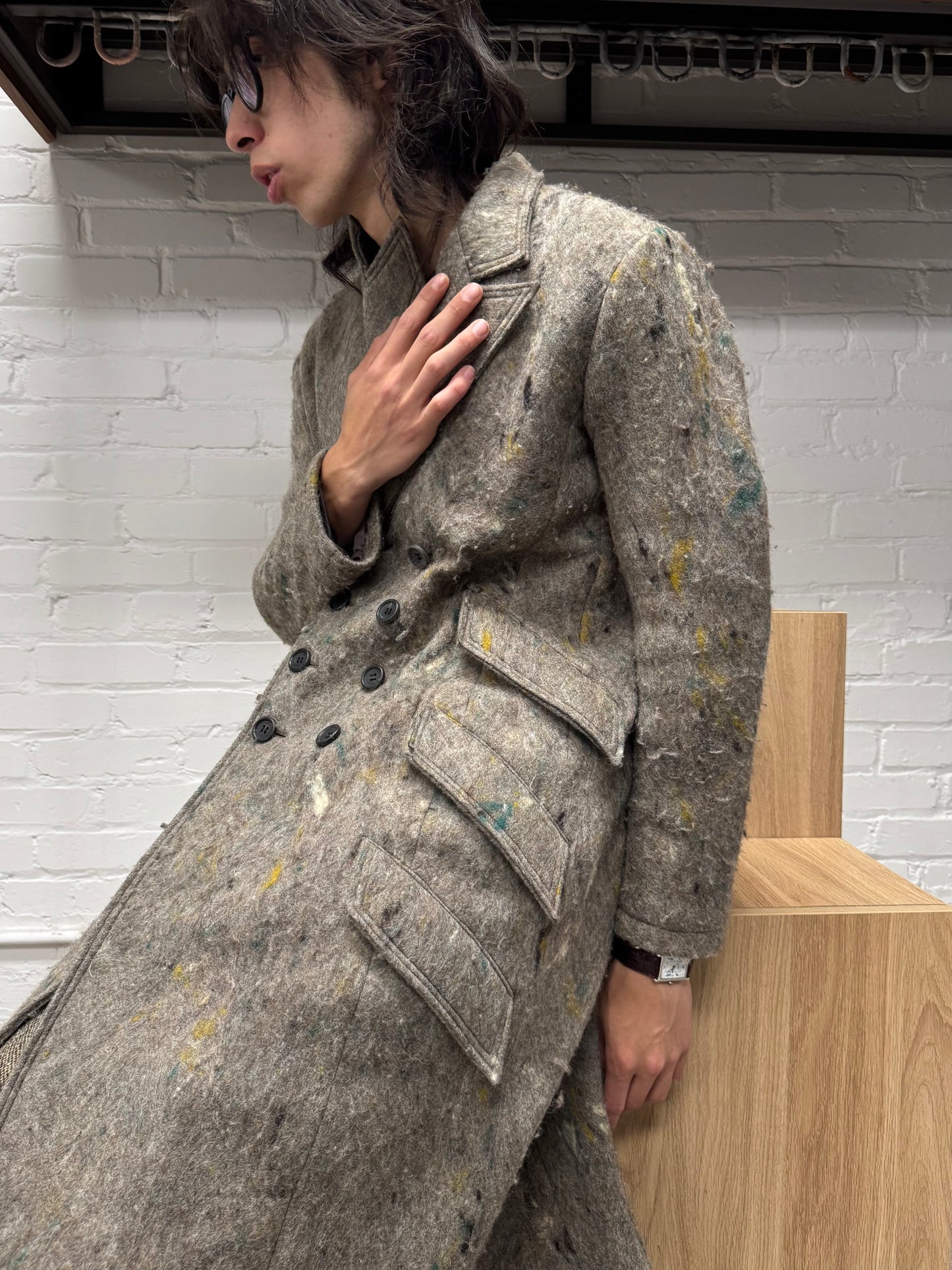 Yohji Yamamoto Noir ‘Felted’ Wool Double Breasted Long Coat