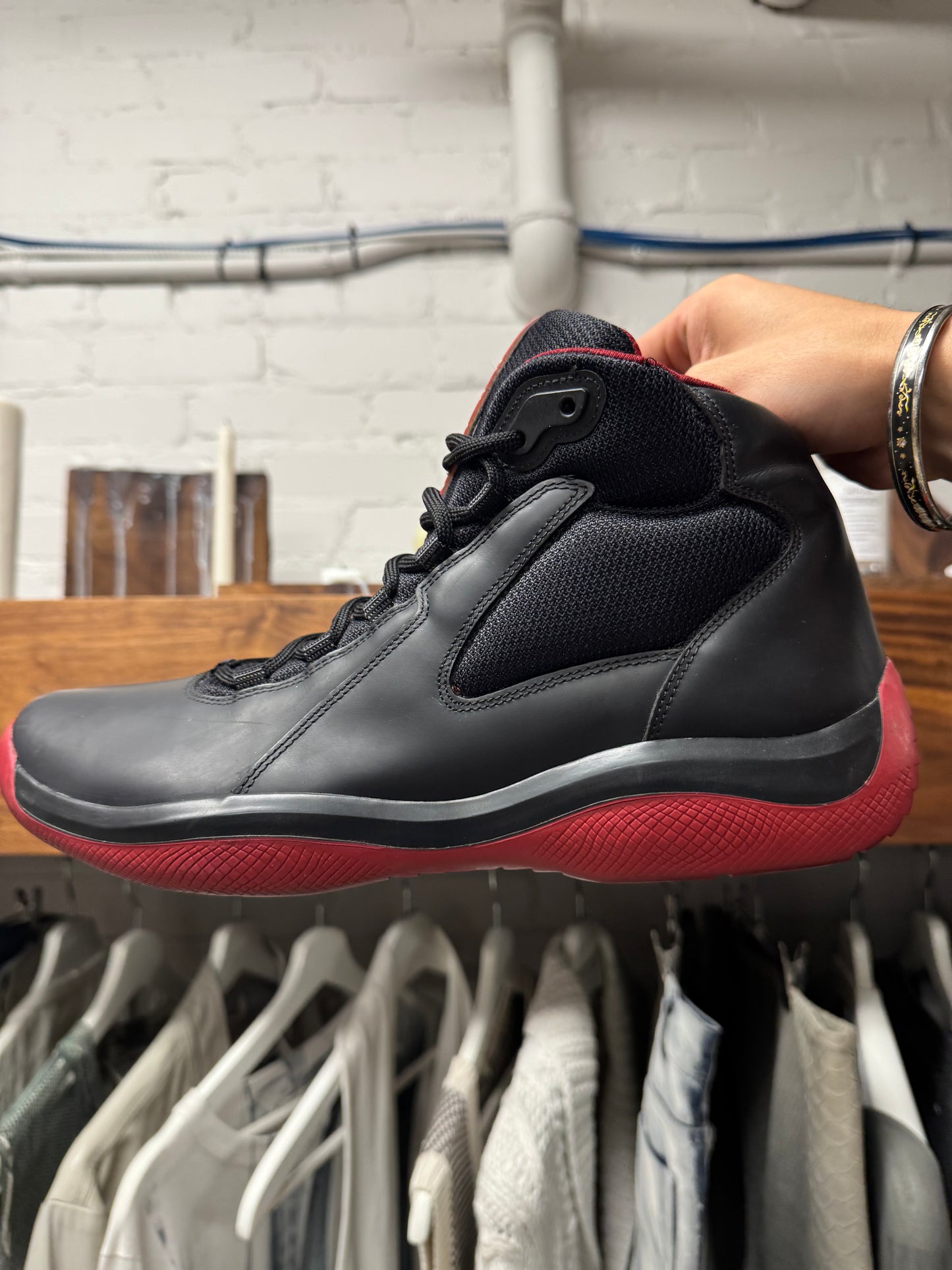 2000s Prada Sport ‘Americas Cup’ Bred Colorway Leather High Top Sneakers