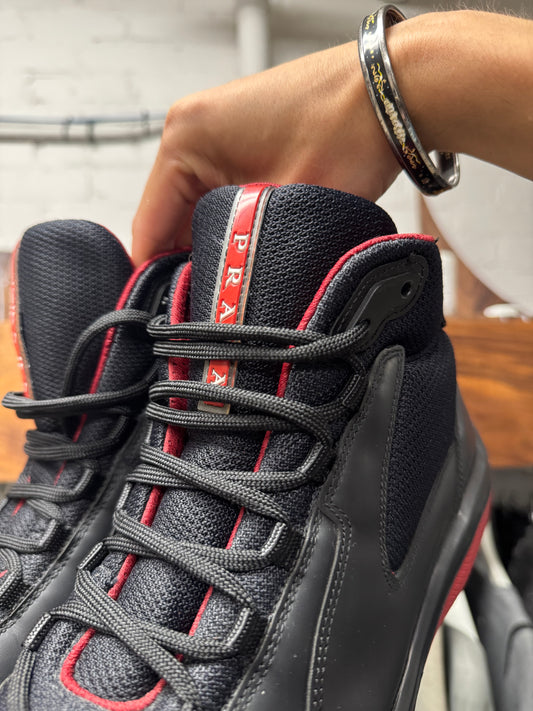 2000s Prada Sport ‘Americas Cup’ Bred Colorway Leather High Top Sneakers