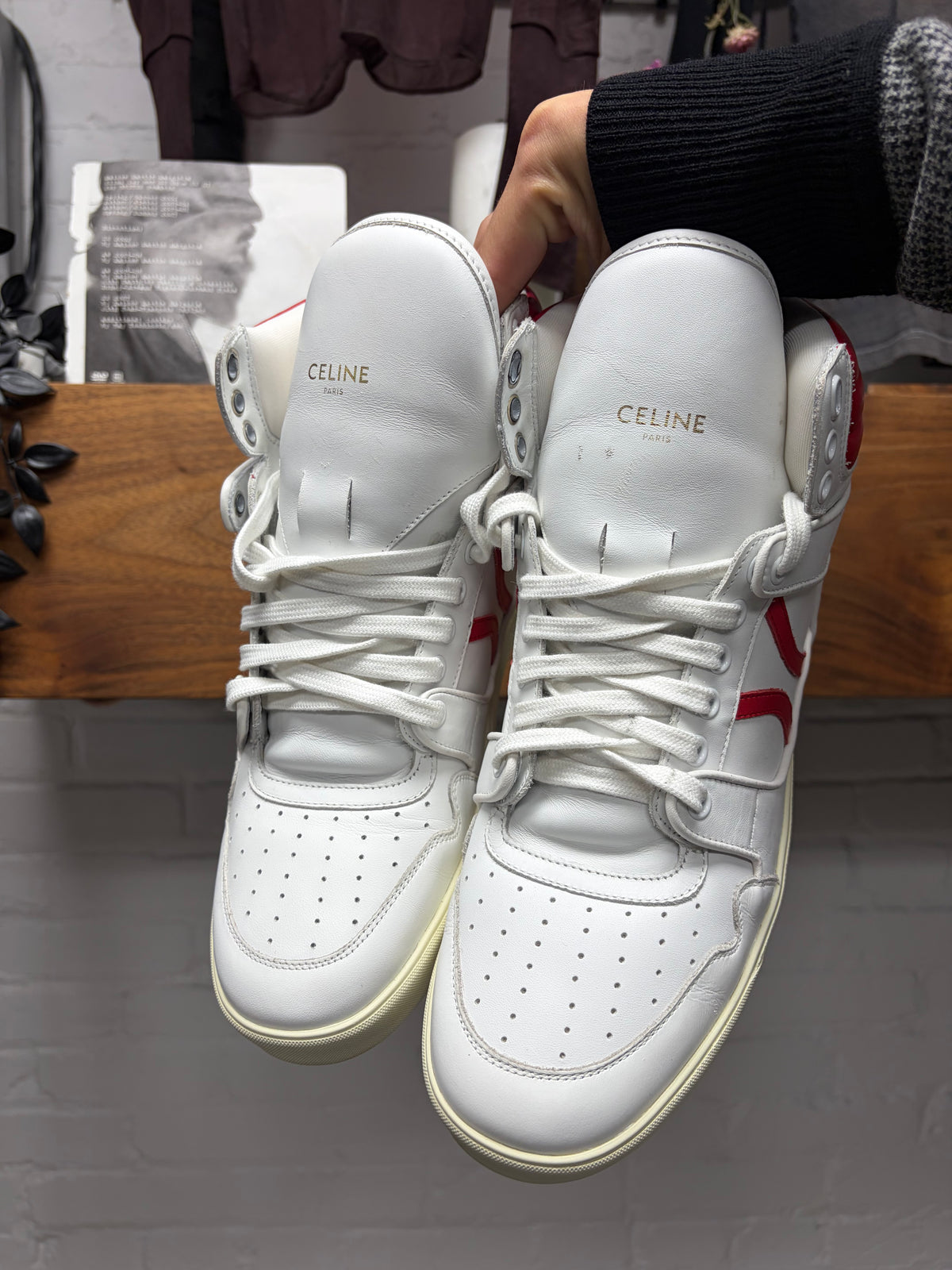 Celine 'Break' Cream/Red Mid Top
Leather Court Sneakers