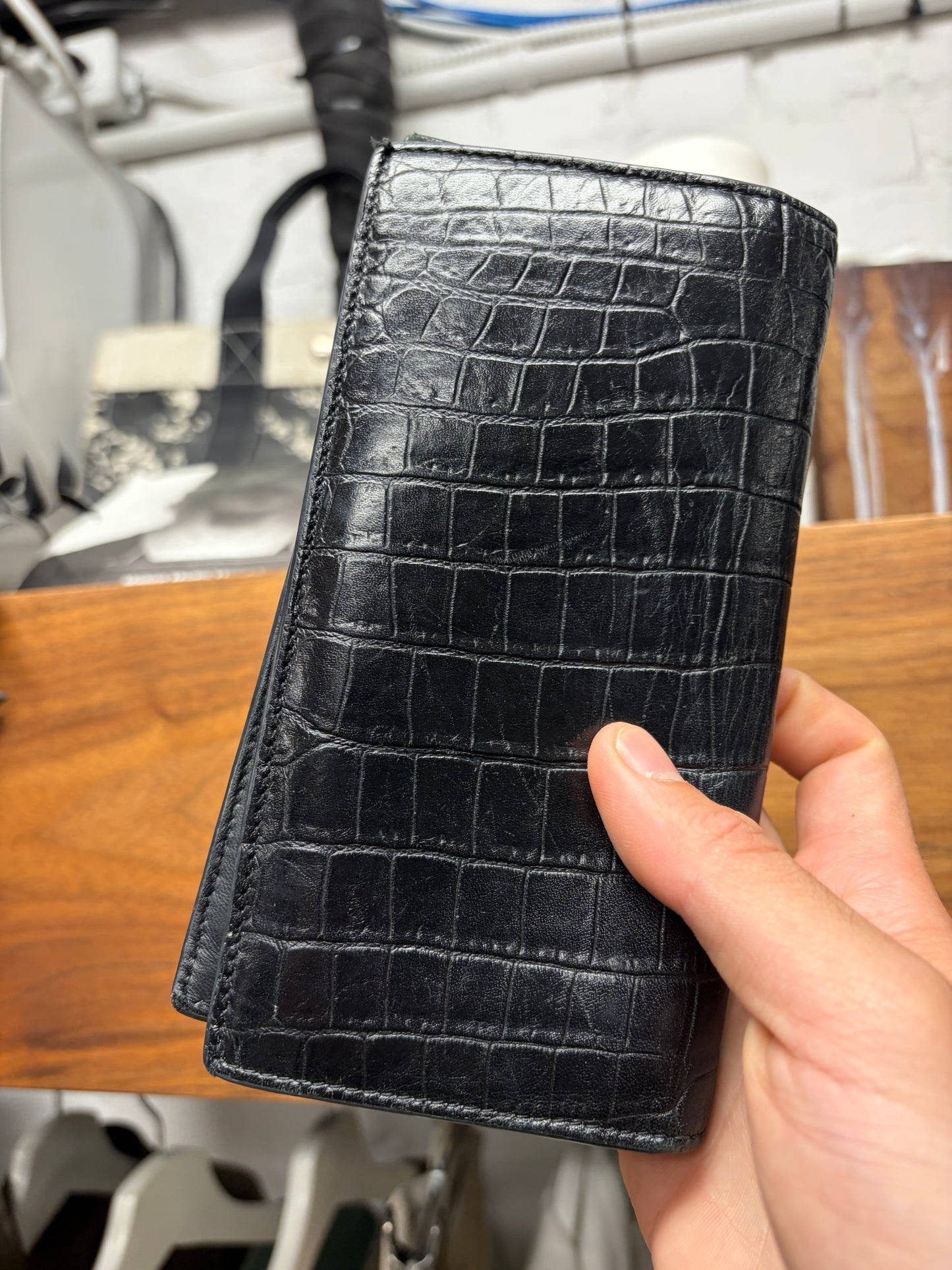 Saint Laurent Crocodile Embossed Leather Long Wallet