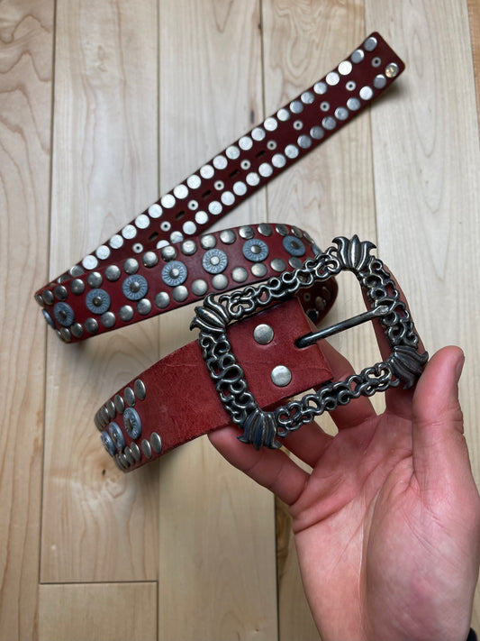 Tornado Mart Oxblood Red Studded Silver Buckle Belt