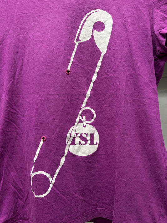 2000s Yves Saint Laurent Rive Gauche ‘Safety Pin’ Purple Graphic T-Shirt