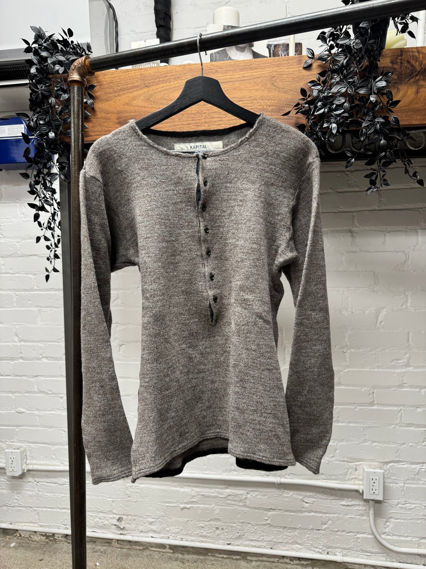 Kapital Speckled Brown Wool ‘Henley’ Long Sleeve Shirt