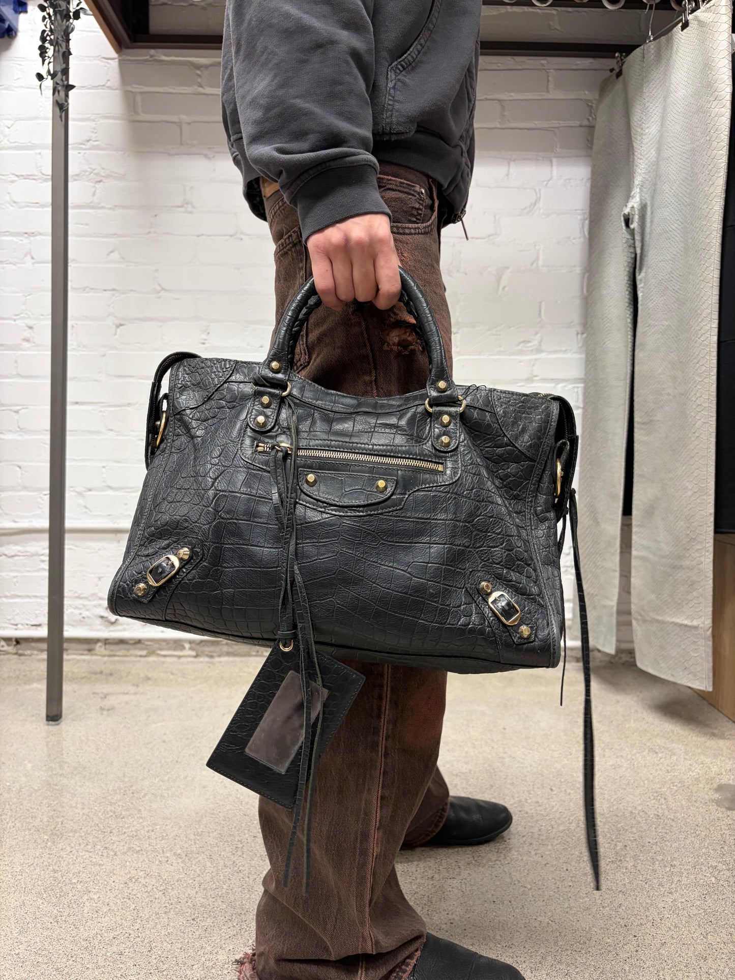 Balenciaga Embossed Croc Leather ‘City’ Classic Black Bag