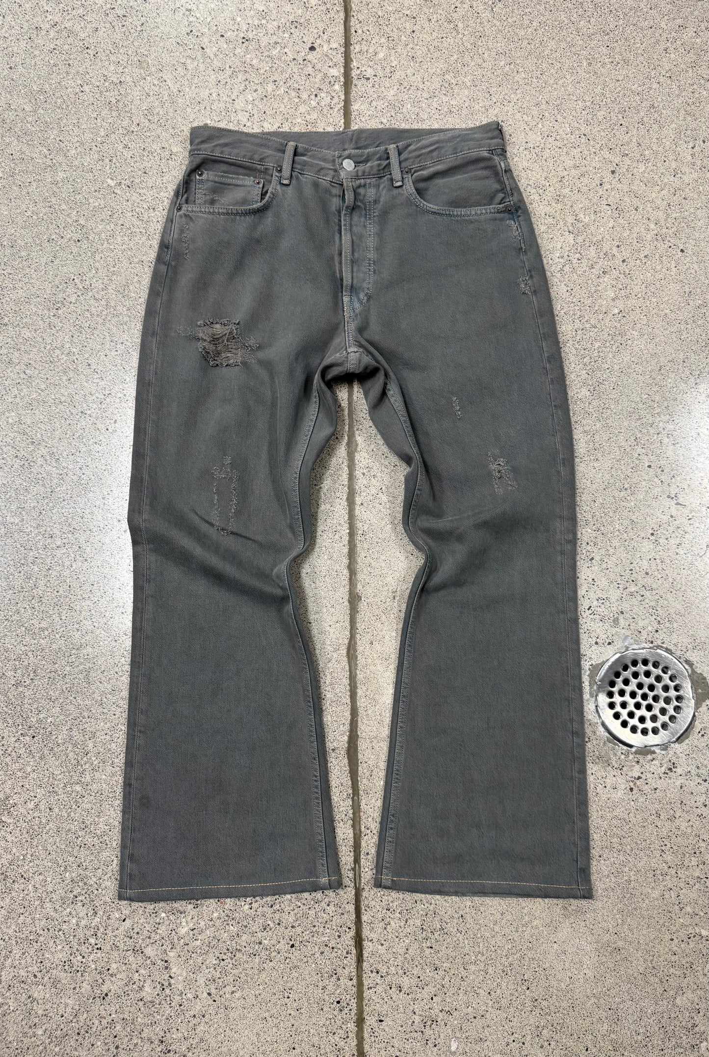 Acne Studios Flared Cut Distressed Grey Denim