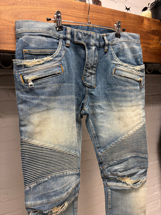 2010s Balmain ‘Biker Knee’ Distressed Blue Skinny Jeans