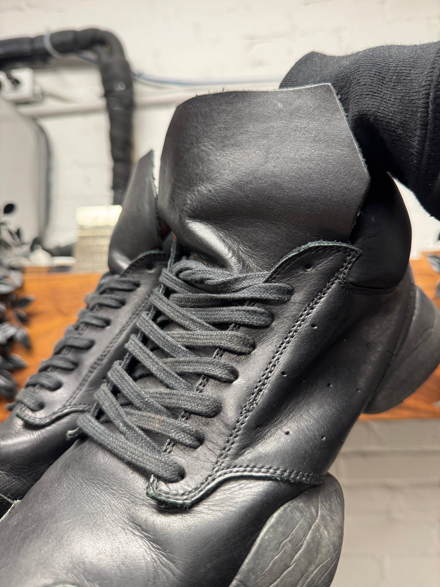 Rick Owens x Adidas ‘Vicious’ Black Leather Tech Runners.