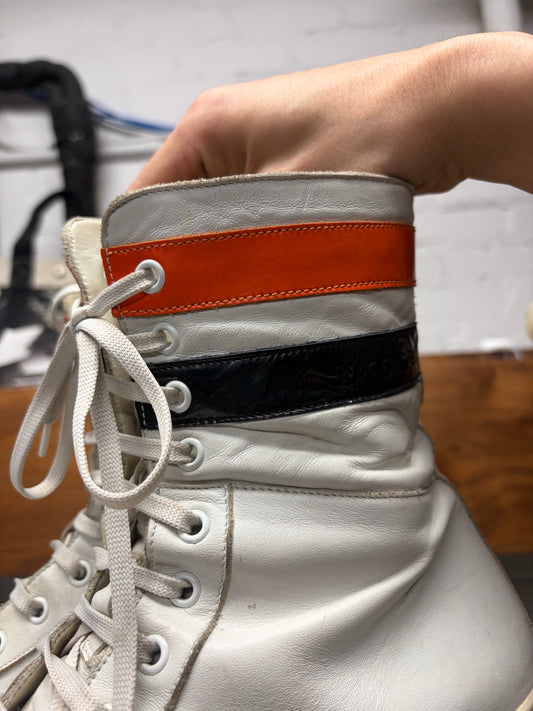 AW2016 Raf Simons White/Orange Striped Leather High Top Sneakers