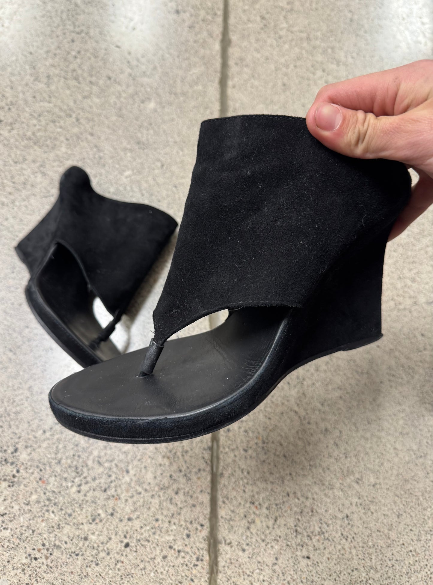 Ann Demeulemeester Black Suede Open Toe Wedge Heels
