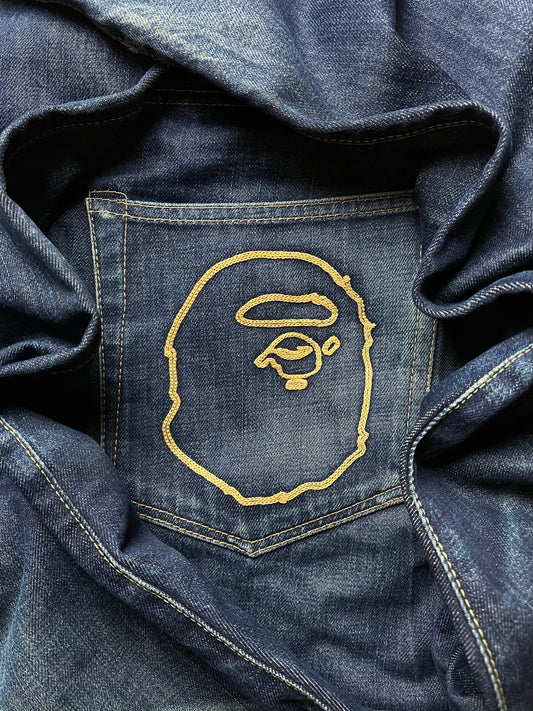 Bape Embroidered Ape Head Logo Raw Denim