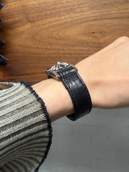 Chrome Hearts ‘Plus Cross’ 925 Silver Black Leather Bracelet
