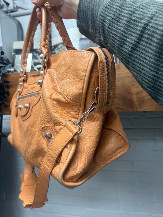 Balenciaga Papaya Orange Lambskin Leather ‘City Bag’ with Crossbody Strap