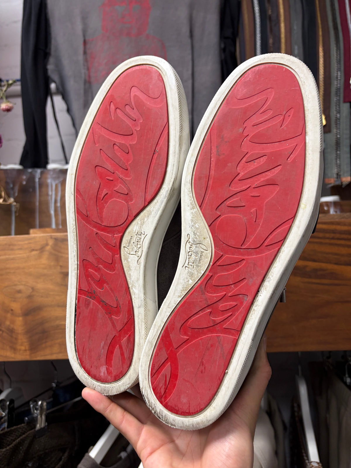 Christian Louboutin Brown Suede Studded Sneakers with Red Bottom Sole