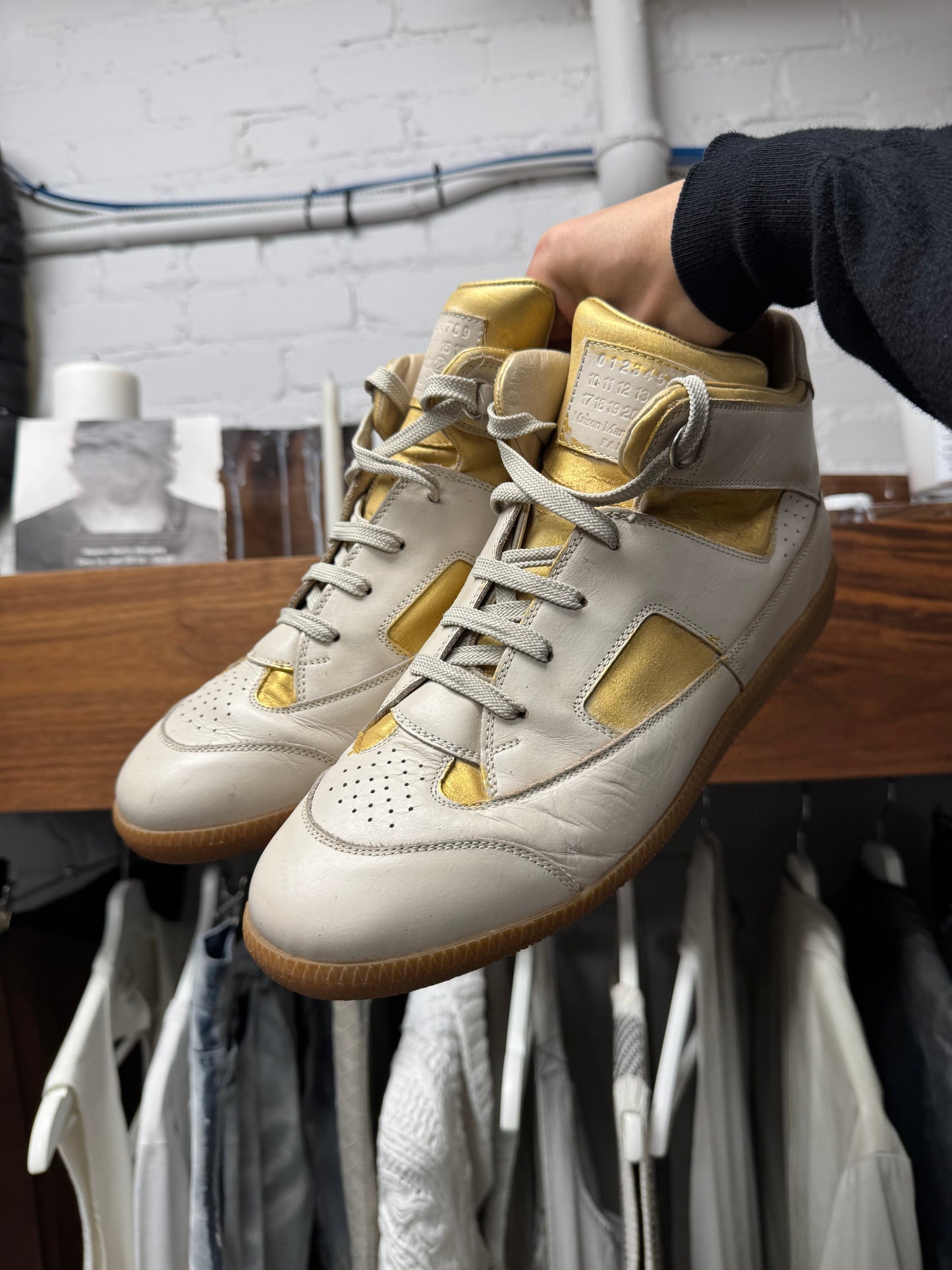 Maison Margiela ‘G.A.T.’ White/Gold Leather High Top Sneakers