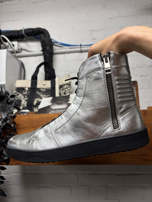 Gucci Silver Leather ‘Nappa Silk’ Zip High Top Sneakers