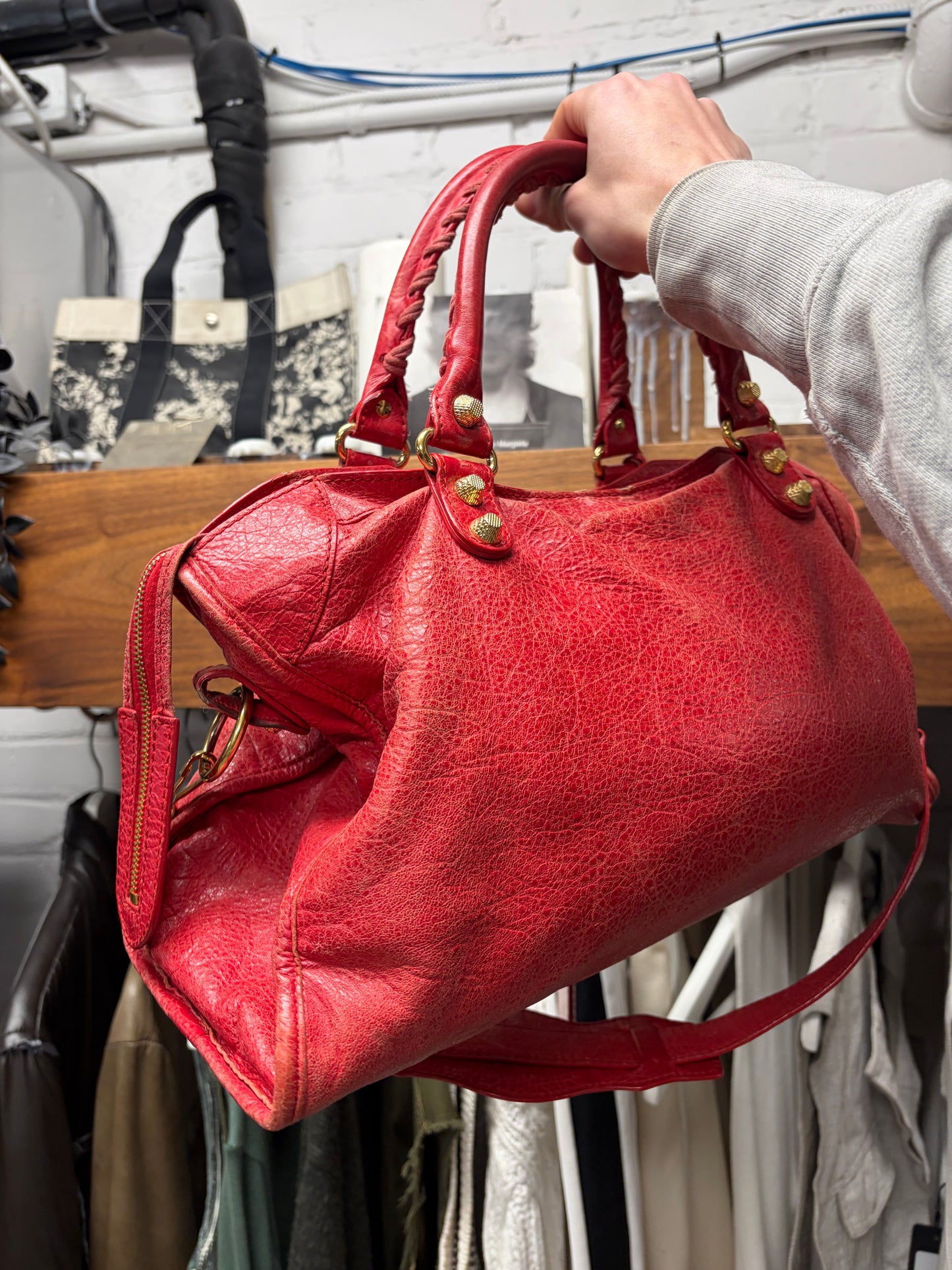 Balenciaga Red/Gold Hardware ‘City Bag’ with Crossbody Strap