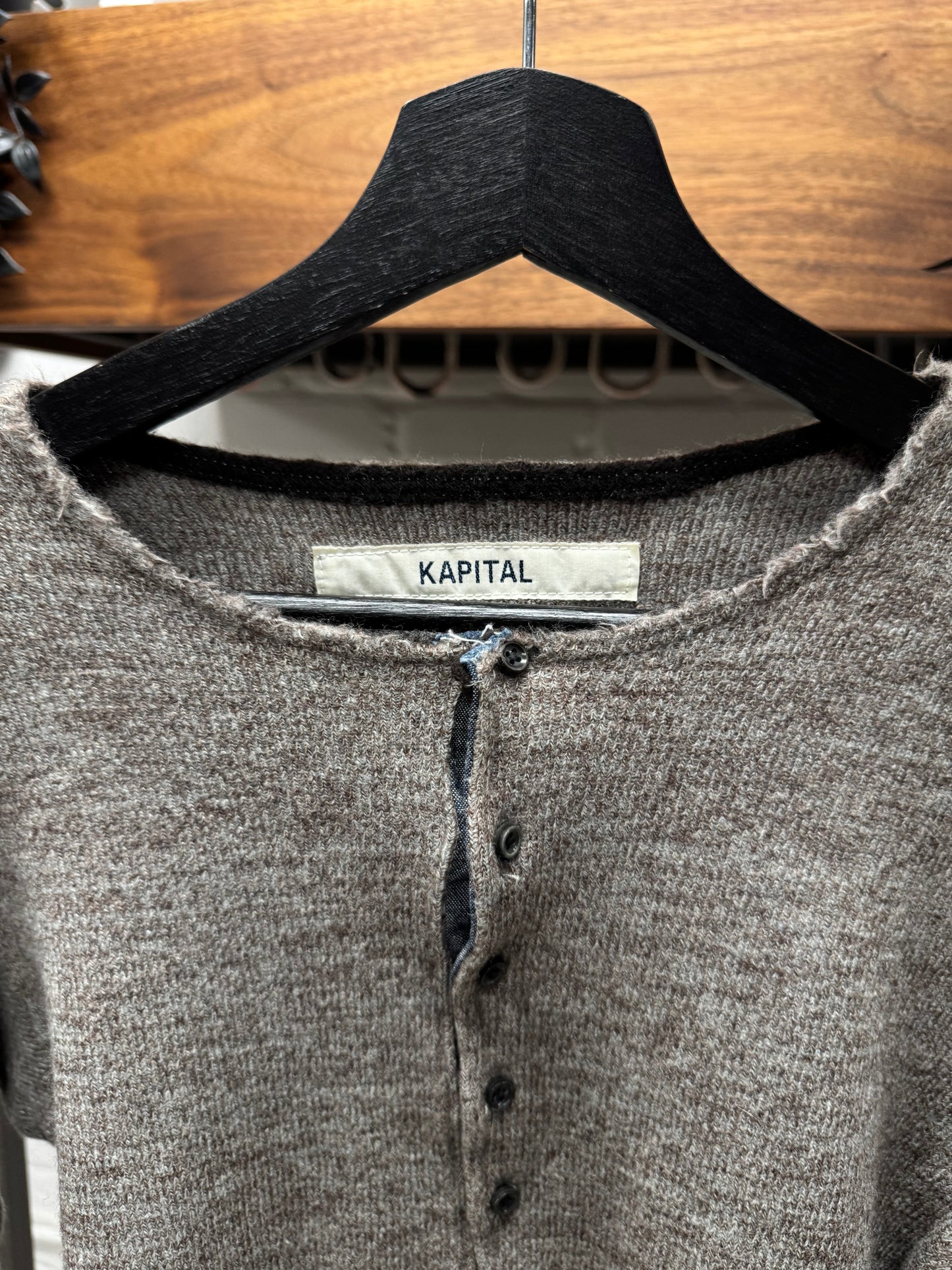 Kapital Speckled Brown Wool ‘Henley’ Long Sleeve Shirt