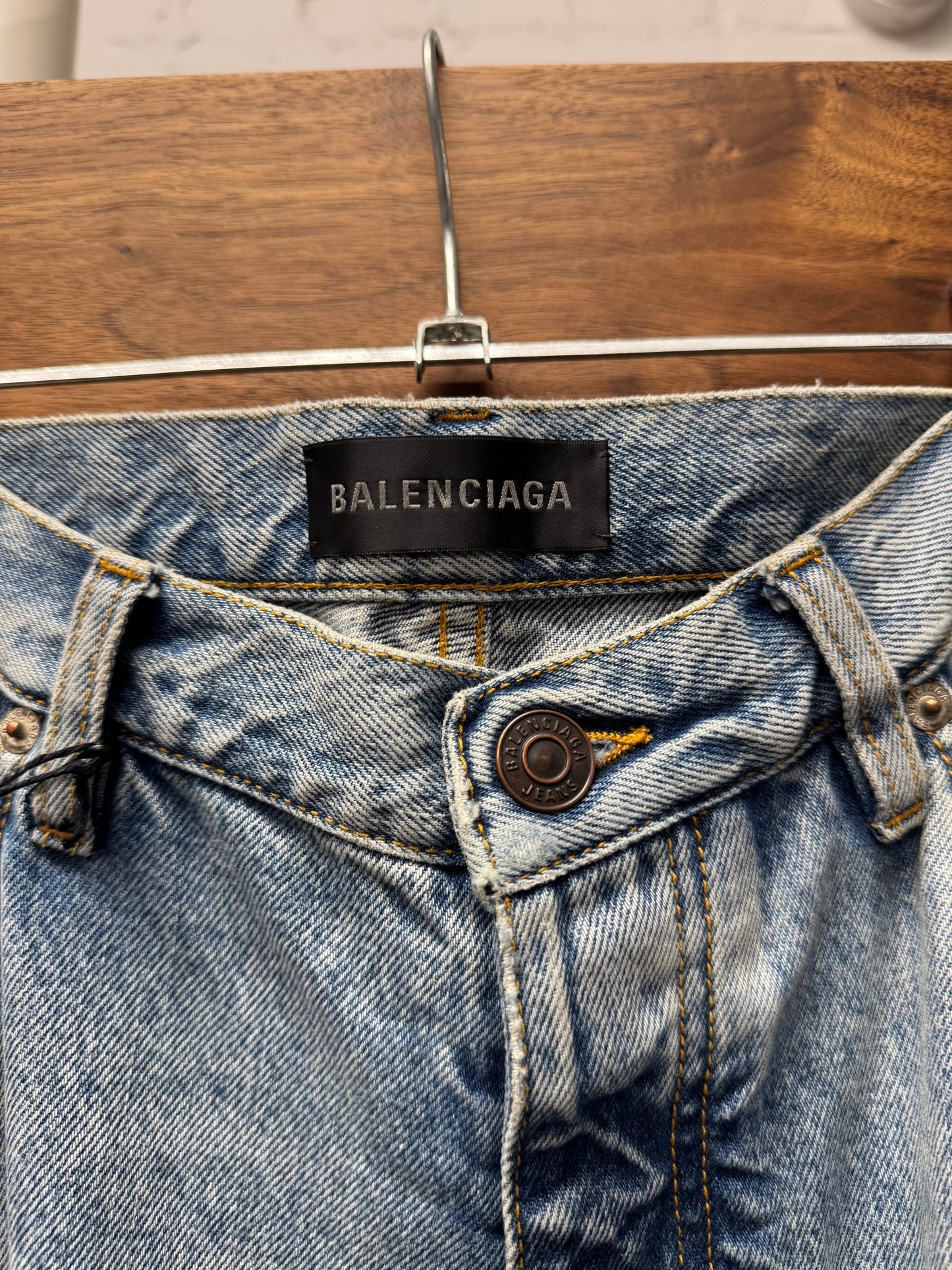 Balenciaga ‘Japanese Organic Twill’ Light Wash Blue Heelbite Flared Jeans