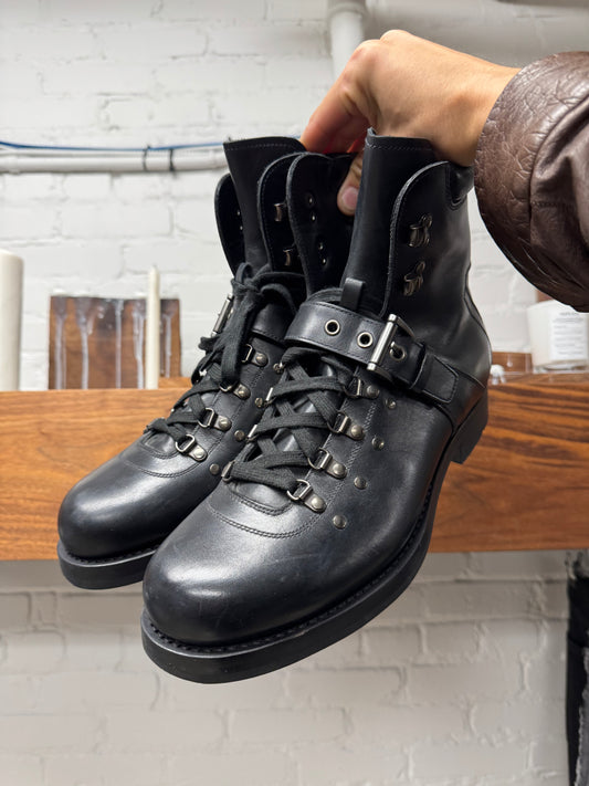 Prada Calfskin Leather ‘Hiking’ Buckle Strap Ankle Boots